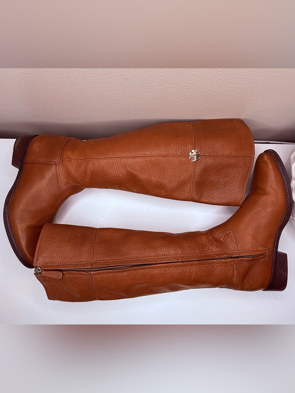 Tory Burch Cognac Pebbled Leather Riding Boots Tall Knee High Logo 7M Brazil - Picture 5 of 9